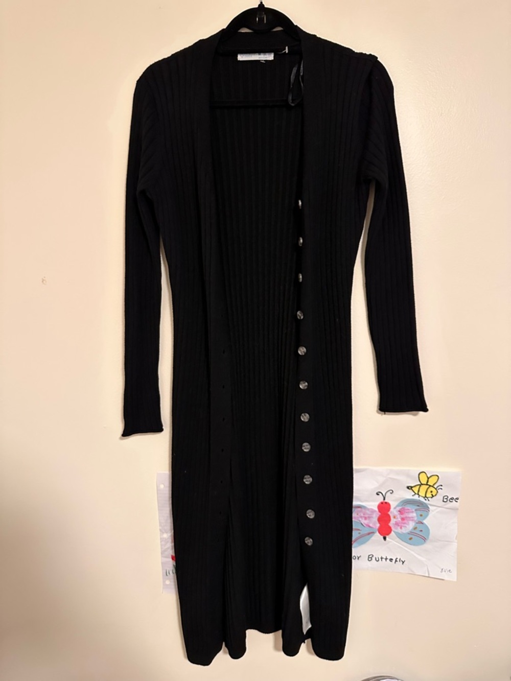 Long Black Ribbed Button-Front Cardigan